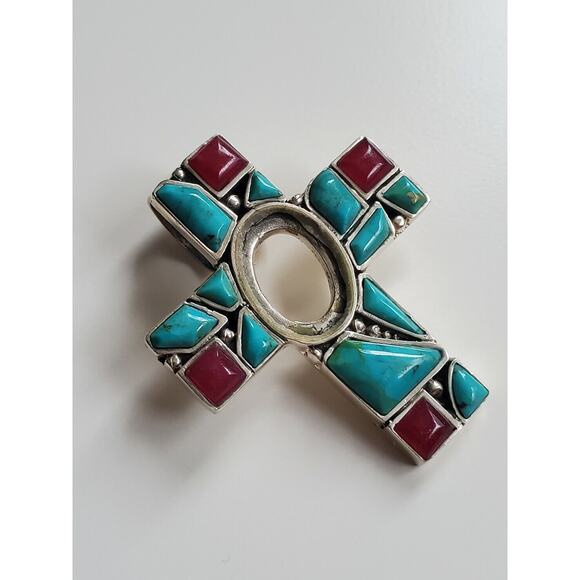 DAMAGED Southwestern Turquoise Cross Pendant in Sterling Silver - Picture 1 of 4